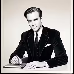 a man in a black suit signing a book