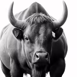 an ox is looking straight ahead on a white background