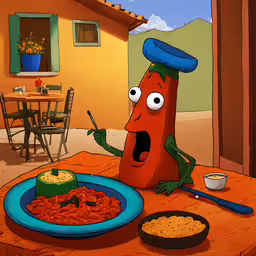 a very cute looking cartoon with food,a cartoon character sitting at a table with food