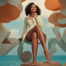 a photo of a woman sitting on a rock next to water