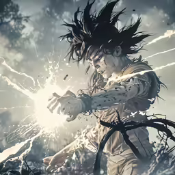 a person with his hands out and a firework in the air