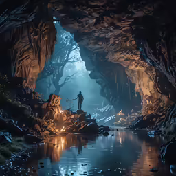 there is a cave with water running through it