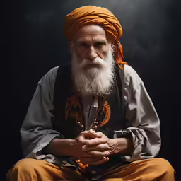 an old man in a turban is seated with his hands folded