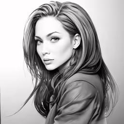 a black and white photo of a woman with long hair