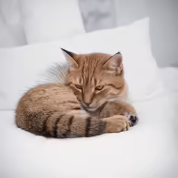 a yellow kitten curled up on a white couch