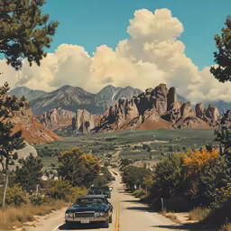 a small road lined with cars, surrounded by mountain scenery