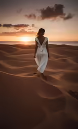 a woman is walking in the middle of the desert