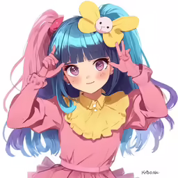 a anime girl with blue hair holding her hand up