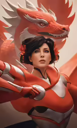 a woman standing next to a dragon with red and white wings