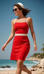 a beautiful woman walking along the beach in a red dress