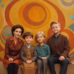 a woman, boy and girl posing for a portrait