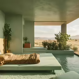 a bed is near a large pool with an open window