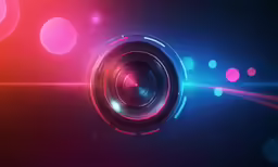 the light of a camera lens against an abstract red and pink background