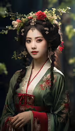 an asian woman dressed in green and red,an asian woman dressed in traditional chinese clothing