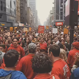 a crowded city street with many people standing around