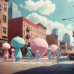 large paper figures are on a city street