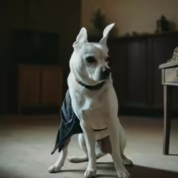 a white dog wears an asymmetrical costume
