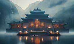 a house on a mountain lake surrounded by fog
