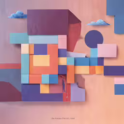 a colorful artwork with shapes and a person standing in it,an abstract painting is featured in the image