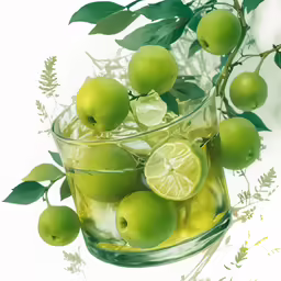 green fruits in a glass cup next to a leafy tree