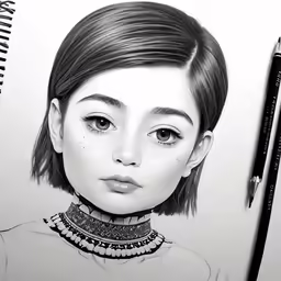 the girl is wearing a choker and her hair is styled in a bobble head wig
