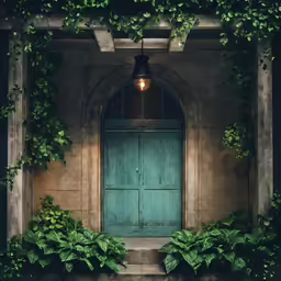 the doorway to an old building with many doors