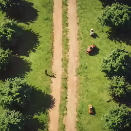 an aerial shot of the two people in the field playing frisbee