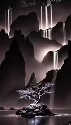an artistically decorated picture of waterfalls on the water