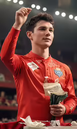 an athlete holds his hand up in front of the audience
