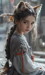 a girl in a costume sitting on a sidewalk