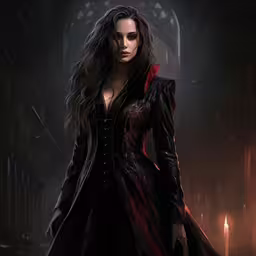 a woman is in a black dress and red coat,woman dressed in black with red cape