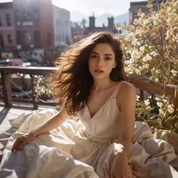 a woman sits in the sun while wearing a dress