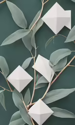 three small folded paper origami flowers and leaves on green background
