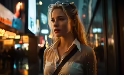a blonde woman standing in the street in a white shirt and jeans