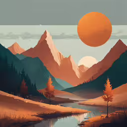 a painting of a valley near some trees,a painting of mountains and a lake with some water below