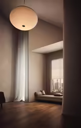 a light fixture is hanging over a wood floor