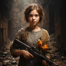 the girl with a gun is walking through the woods