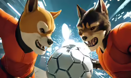 two stuffed animals play with a soccer ball
