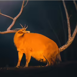 the large bull is walking through the dark woods