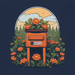 a picture of some flowers in front of an orange mailbox,a postbox with orange flowers is seen in the background