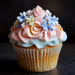 the frosted cupcake is decorated with pink and blue icing