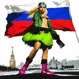 the woman is dressed in green and purple with a flag behind her