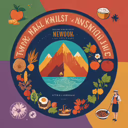 a group of colorful designs including food and the word,a painting with fruit and food on it