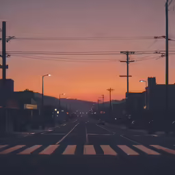 the sun is setting in an empty city