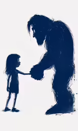 a little girl standing next to a giant monster