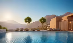 the resort pool is surrounded by trees and chairs