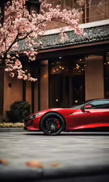 a red sports car parked in front of a building
