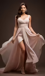 a woman in a dress posing on a brown background