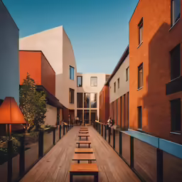 a long patio with benches and lamps along side of each