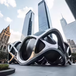 large metal sculpture with buildings in the background